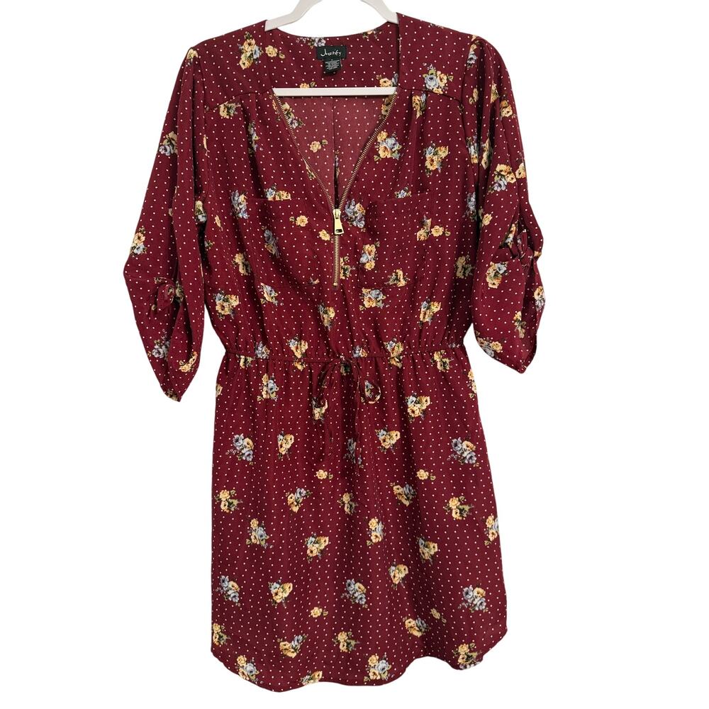 NWT Women's L Cottagecore Floral Polka Dot V Gold Zip Elastic Tie Waist Dress